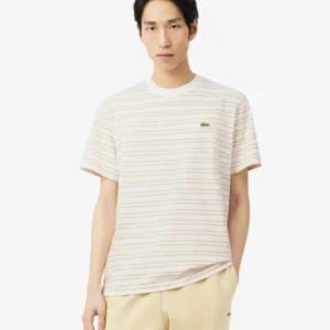 LACOSTE T-SHIRT RAYÉ EN COTTON, ORANGE